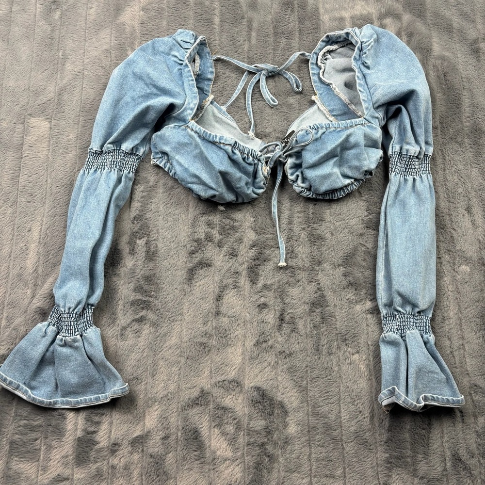 Athina Womens Denim Crop Top Blue Long Sleeve Smocked Flared Cuffs APS6121 L